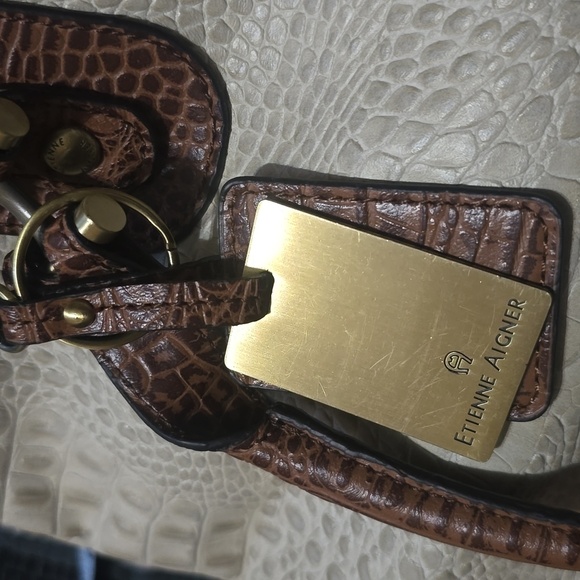 Etienne Aigner Leather Vintage Croc Embossed  Cream & Brown Tote Satchel 15x10" - Picture 10 of 15